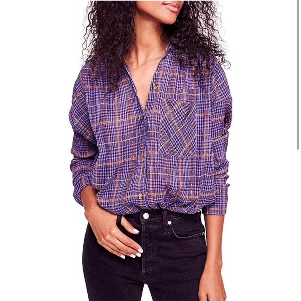Free People Break My Stride Metallic Plaid Tunic Button-Up Shirt Violet Size S